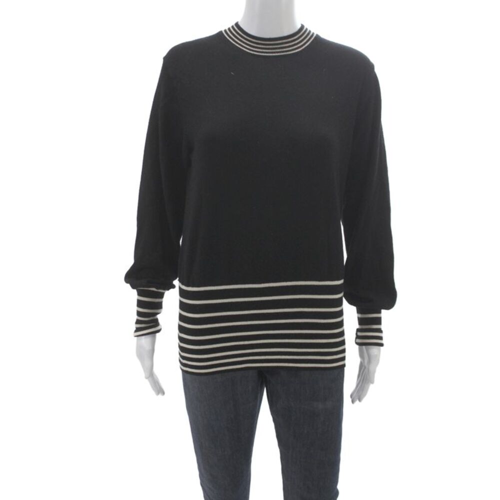 Milly Women Pullover Merino Wool Striped Crew Neck Long Sleeve Black Size M